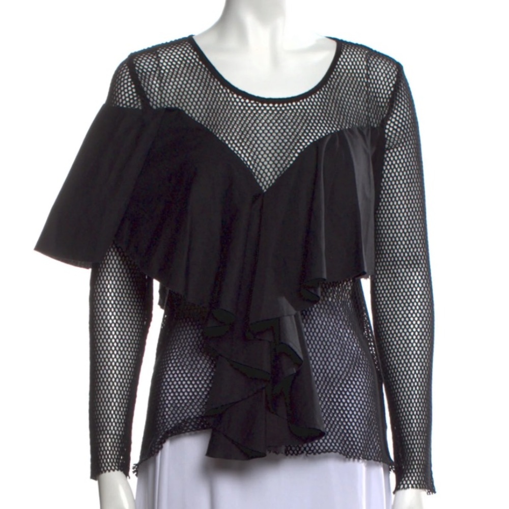 Each x Other Paris Black Mesh Long Sleeve Asymmetrical Raw Edge Ruffle Top NWT